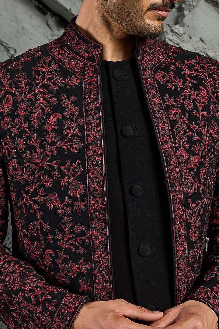 Black Sandwash Hand Embroidered Groom Indowestern Jacket Set by Sarab Khanijou at Pernia's Pop Up Shop