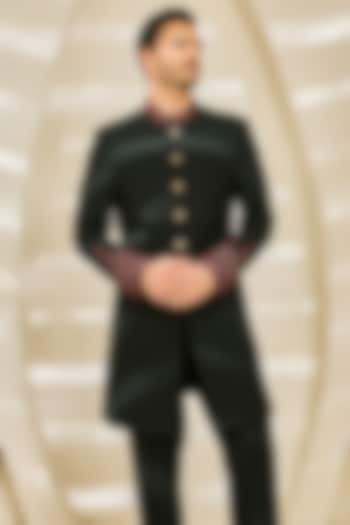 Bottle Green Textured Twill Hand Embroidered Groom Indowestern Set by Sarab Khanijou at Pernia's Pop Up Shop
