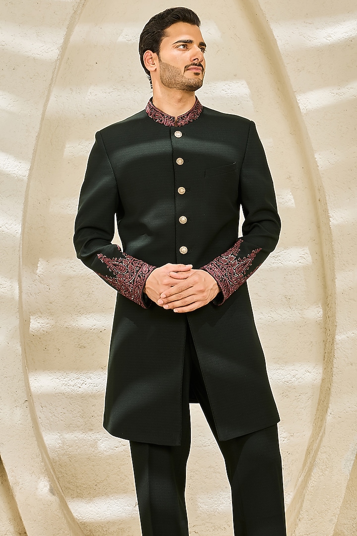 Bottle Green Textured Twill Hand Embroidered Groom Indowestern Set by Sarab Khanijou at Pernia's Pop Up Shop