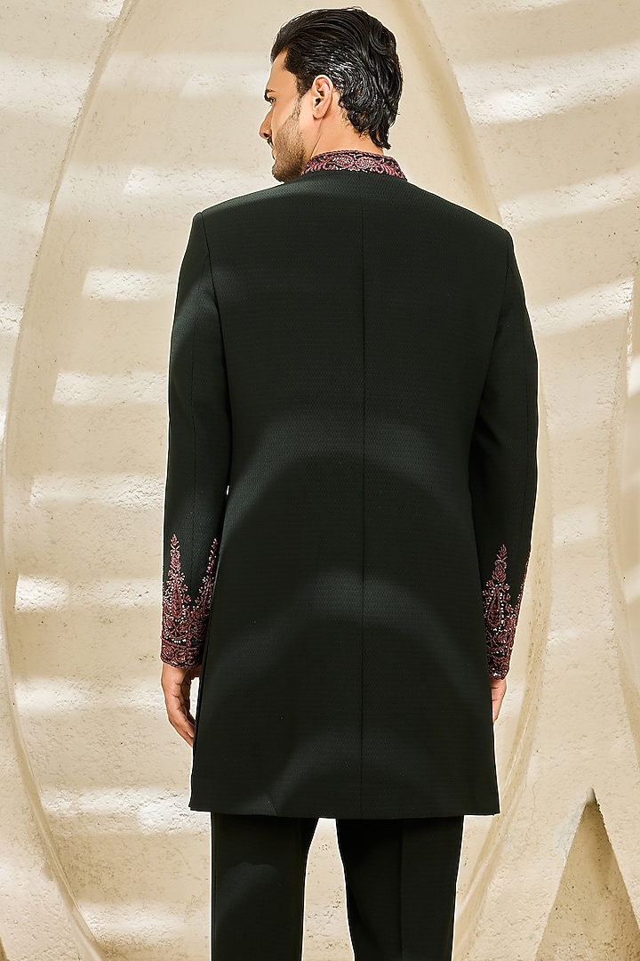 Bottle Green Textured Twill Hand Embroidered Groom Indowestern Set by Sarab Khanijou at Pernia's Pop Up Shop
