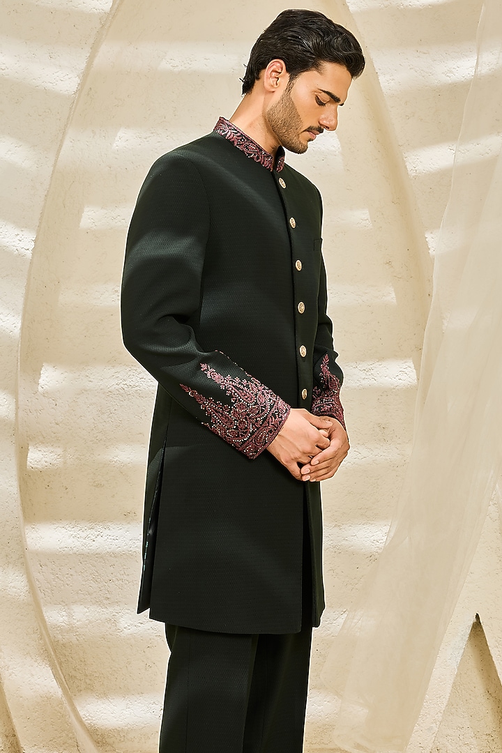 Bottle Green Textured Twill Hand Embroidered Groom Indowestern Set by Sarab Khanijou at Pernia's Pop Up Shop