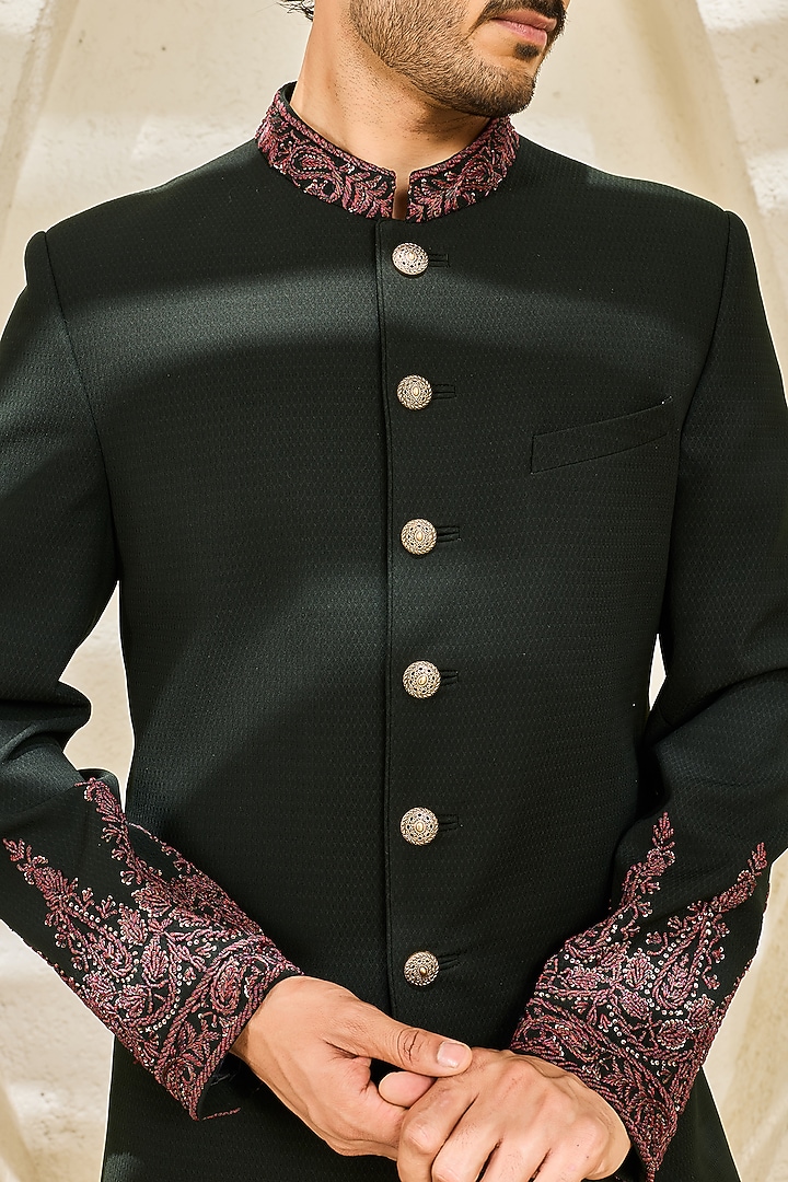 Bottle Green Textured Twill Hand Embroidered Groom Indowestern Set by Sarab Khanijou at Pernia's Pop Up Shop