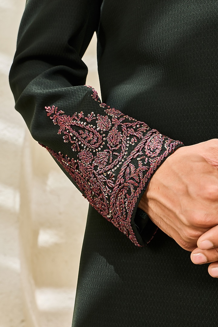 Bottle Green Textured Twill Hand Embroidered Groom Indowestern Set by Sarab Khanijou at Pernia's Pop Up Shop