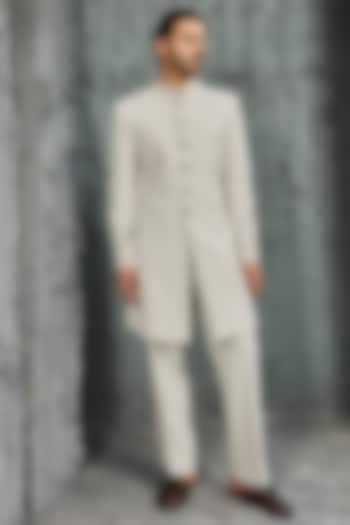 Ice Grey Suiting Hand Embroidered Groom Indowestern Set by Sarab Khanijou at Pernia's Pop Up Shop