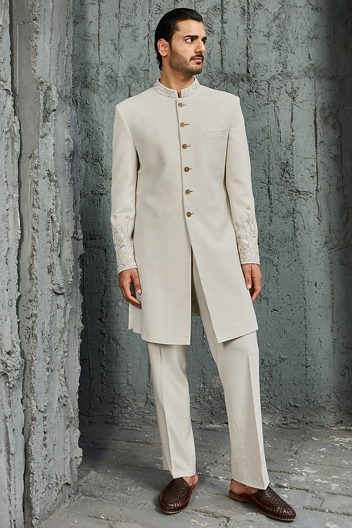 Ice Grey Suiting Hand Embroidered Groom Indowestern Set by Sarab Khanijou at Pernia's Pop Up Shop