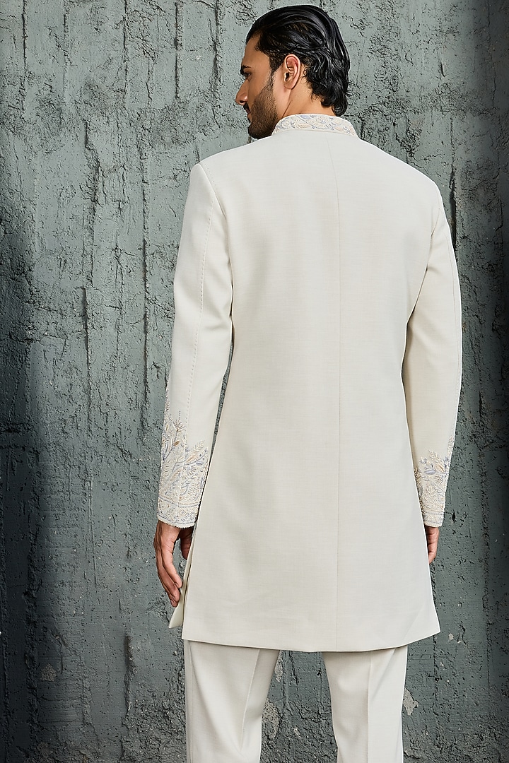 Ice Grey Suiting Hand Embroidered Groom Indowestern Set by Sarab Khanijou at Pernia's Pop Up Shop