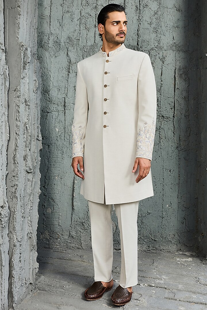 Ice Grey Suiting Hand Embroidered Groom Indowestern Set by Sarab Khanijou at Pernia's Pop Up Shop