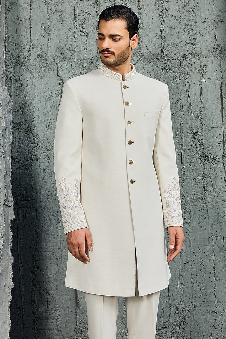 Ice Grey Suiting Hand Embroidered Groom Indowestern Set by Sarab Khanijou at Pernia's Pop Up Shop