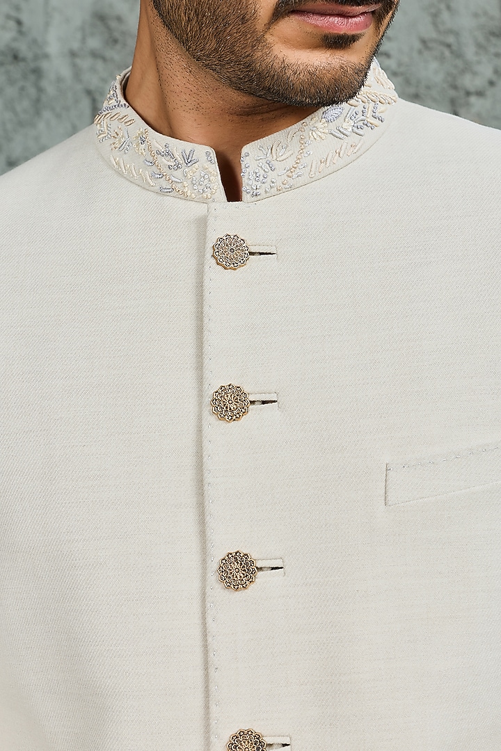 Ice Grey Suiting Hand Embroidered Groom Indowestern Set by Sarab Khanijou at Pernia's Pop Up Shop