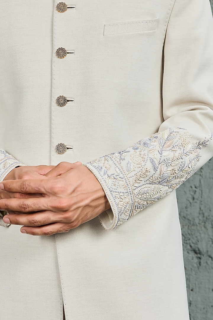 Ice Grey Suiting Hand Embroidered Groom Indowestern Set by Sarab Khanijou at Pernia's Pop Up Shop
