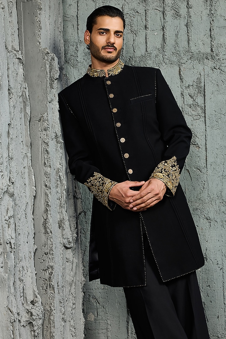 Black Textured Twill Hand Embroidered Groom Indowestern Set by Sarab Khanijou at Pernia's Pop Up Shop