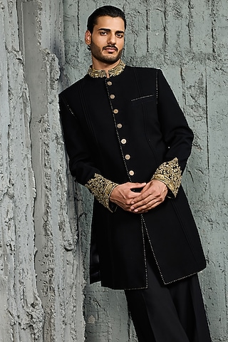 Black Textured Twill Hand Embroidered Indowestern Set by Sarab Khanijou