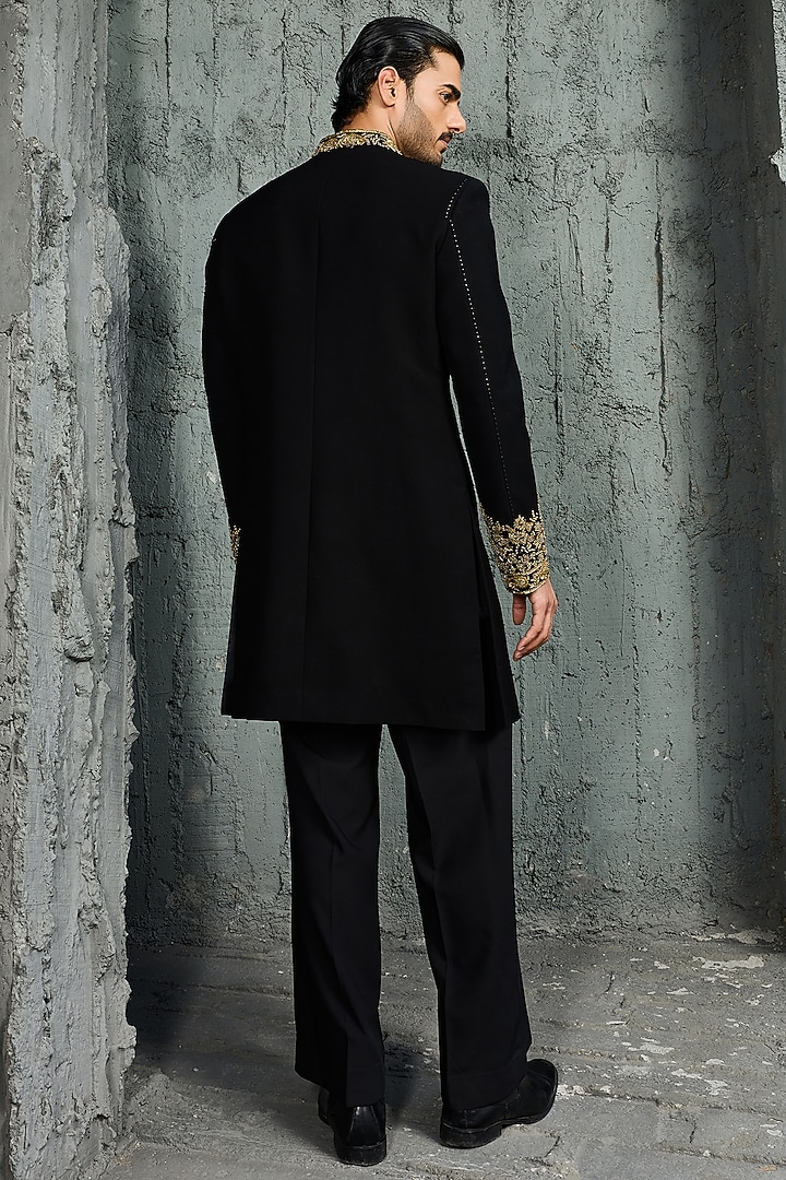 Black Textured Twill Hand Embroidered Groom Indowestern Set by Sarab Khanijou at Pernia's Pop Up Shop