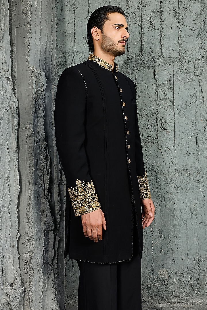 Black Textured Twill Hand Embroidered Groom Indowestern Set by Sarab Khanijou at Pernia's Pop Up Shop