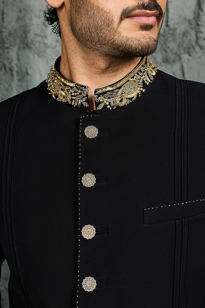 Black Textured Twill Hand Embroidered Groom Indowestern Set by Sarab Khanijou at Pernia's Pop Up Shop