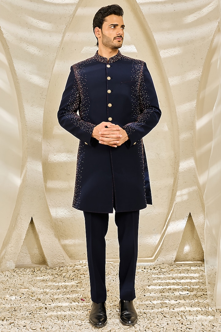 Blue Sandwash Hand Embroidered Groom Indowestern Set by Sarab Khanijou at Pernia's Pop Up Shop