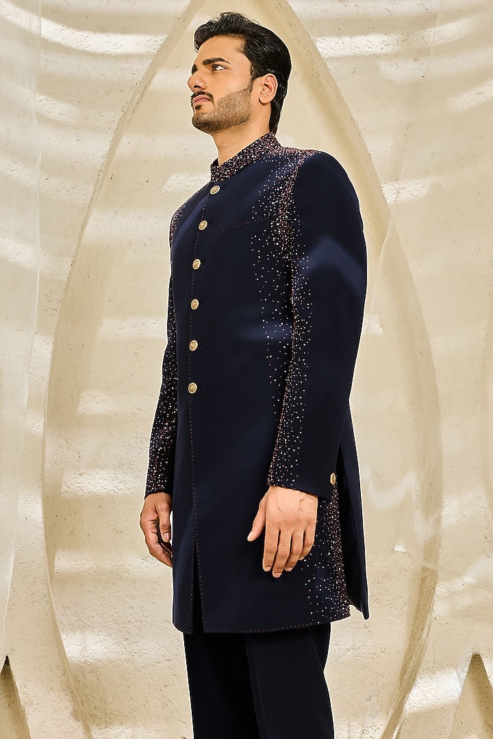 Blue Sandwash Hand Embroidered Groom Indowestern Set by Sarab Khanijou at Pernia's Pop Up Shop