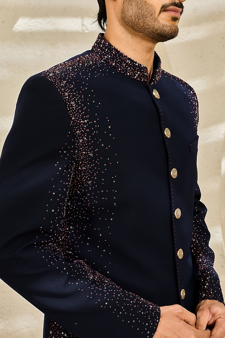 Blue Sandwash Hand Embroidered Groom Indowestern Set by Sarab Khanijou at Pernia's Pop Up Shop