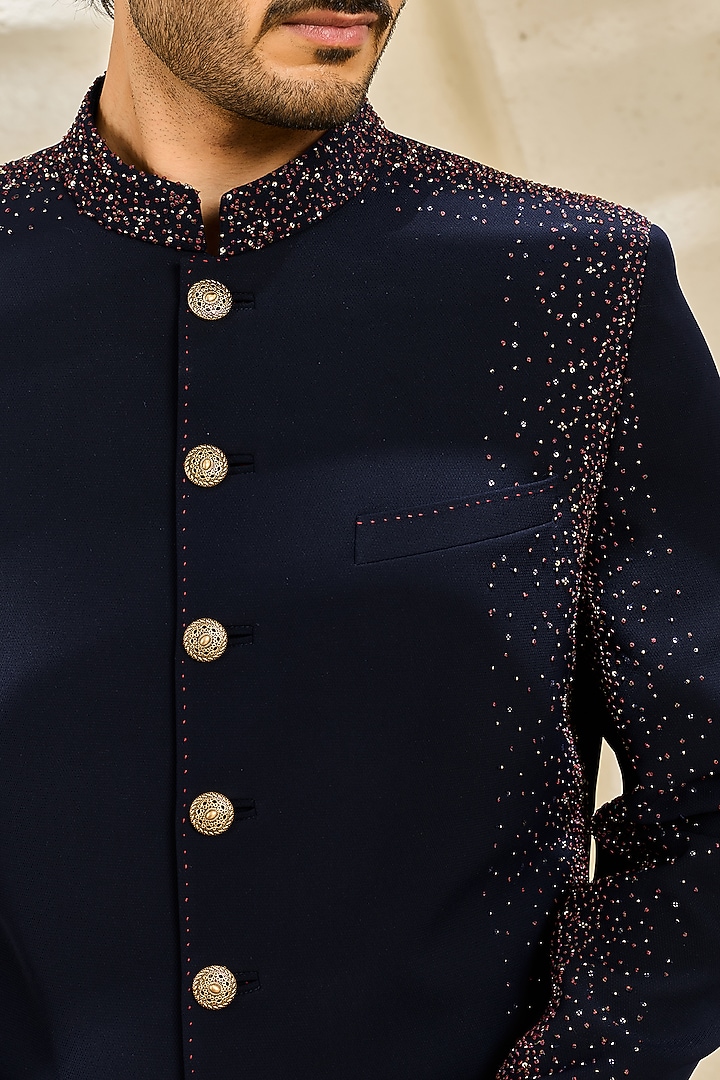 Blue Sandwash Hand Embroidered Groom Indowestern Set by Sarab Khanijou at Pernia's Pop Up Shop
