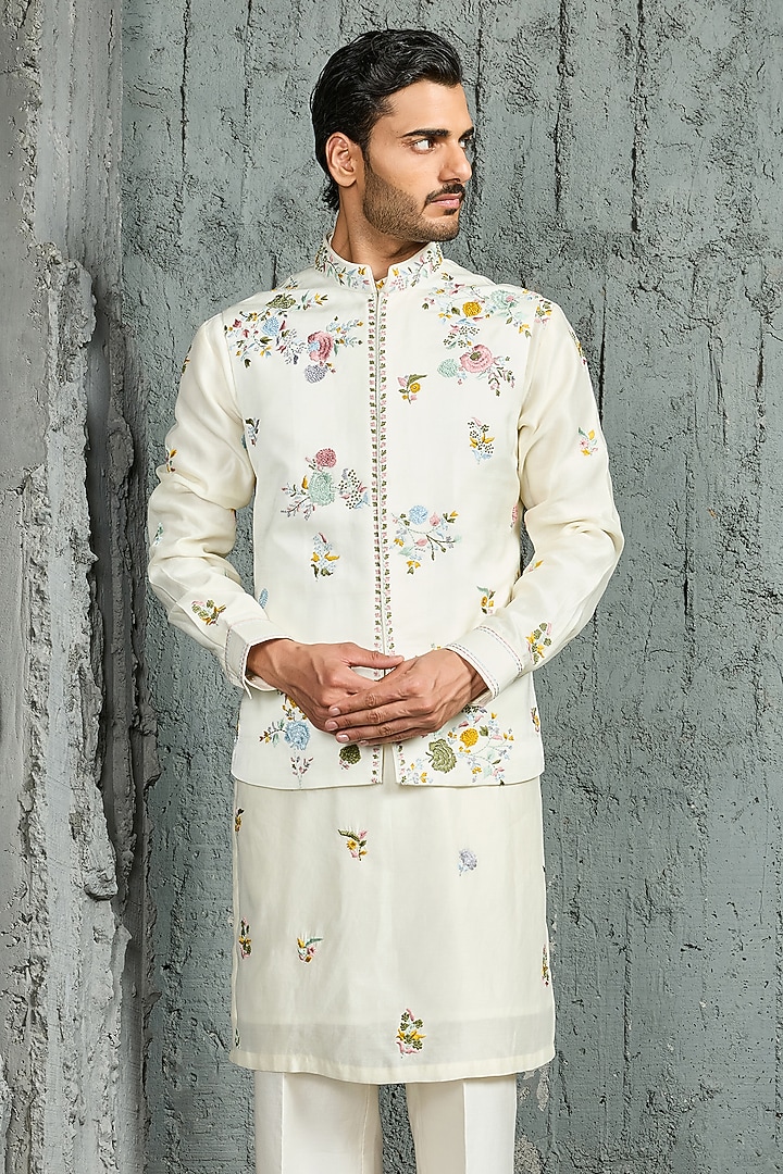 Ivory Chanderi Silk Thread Embroidered Nehru Jacket Set by Sarab Khanijou at Pernia's Pop Up Shop