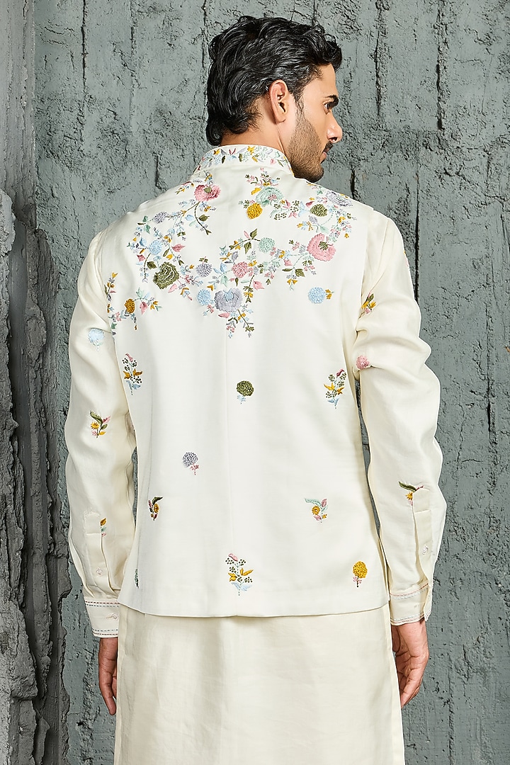 Ivory Chanderi Silk Thread Embroidered Nehru Jacket Set by Sarab Khanijou at Pernia's Pop Up Shop