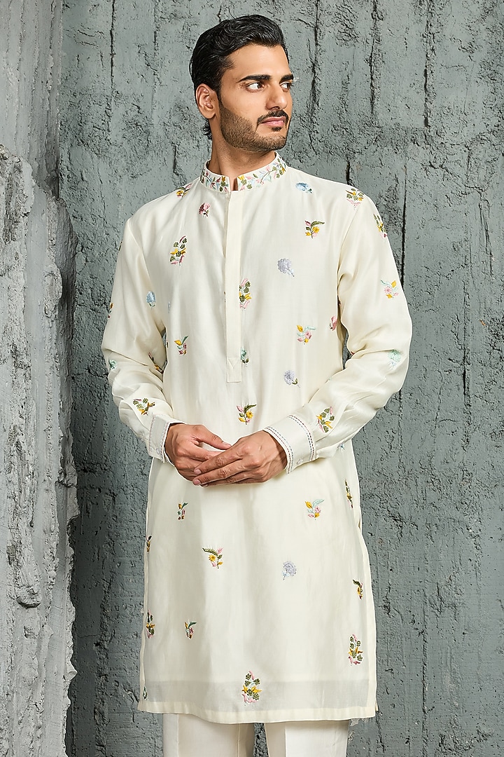 Ivory Chanderi Silk Thread Embroidered Nehru Jacket Set by Sarab Khanijou at Pernia's Pop Up Shop