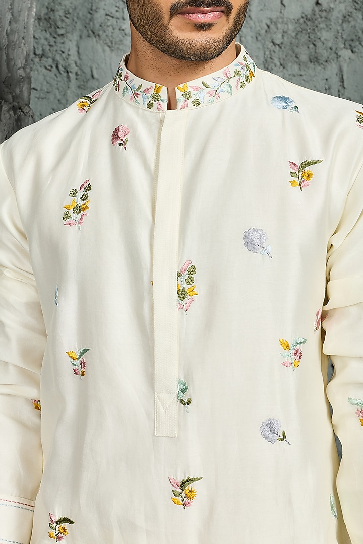 Ivory Chanderi Silk Thread Embroidered Nehru Jacket Set by Sarab Khanijou at Pernia's Pop Up Shop
