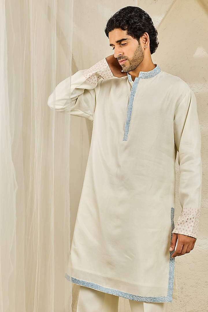 Off-White Chanderi Silk Cutdana Embroidered Nehru Jacket Set by Sarab Khanijou at Pernia's Pop Up Shop