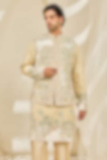 Beige Chanderi Silk Embroidered Nehru Jacket Set by Sarab Khanijou at Pernia's Pop Up Shop