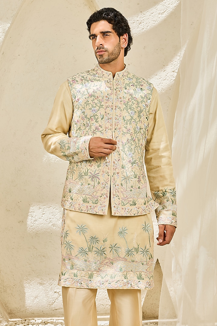 Beige Chanderi Silk Embroidered Nehru Jacket Set by Sarab Khanijou at Pernia's Pop Up Shop