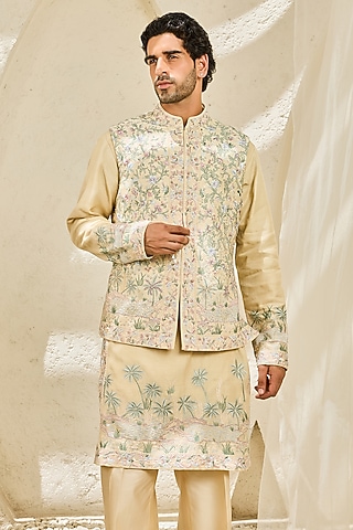 Beige Chanderi Silk Embroidered Nehru Jacket Set by Sarab Khanijou