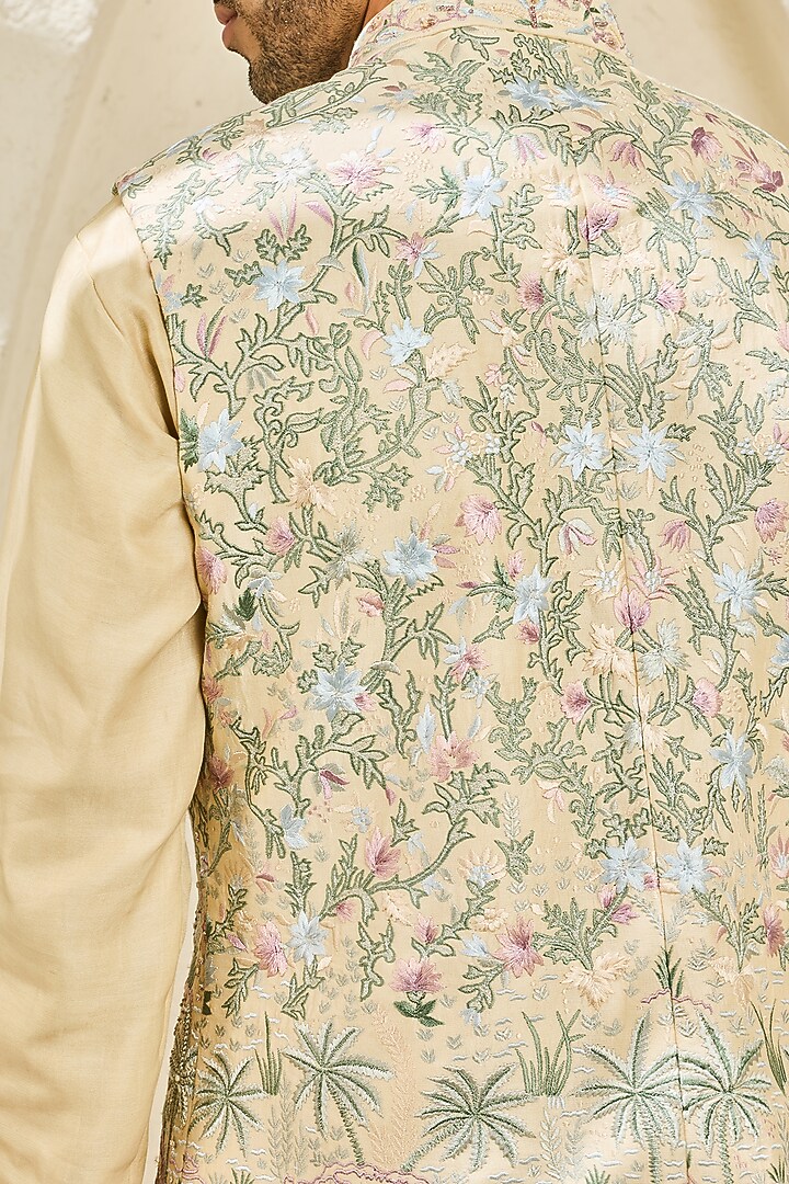 Beige Chanderi Silk Embroidered Nehru Jacket Set by Sarab Khanijou at Pernia's Pop Up Shop
