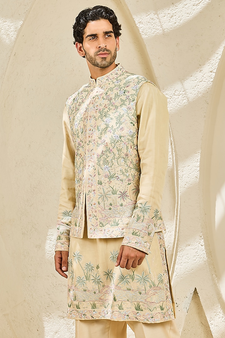 Beige Chanderi Silk Embroidered Nehru Jacket Set by Sarab Khanijou at Pernia's Pop Up Shop