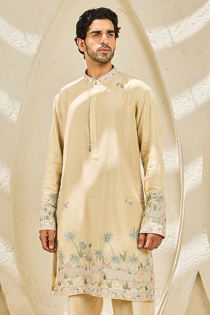 Beige Chanderi Silk Embroidered Nehru Jacket Set by Sarab Khanijou at Pernia's Pop Up Shop