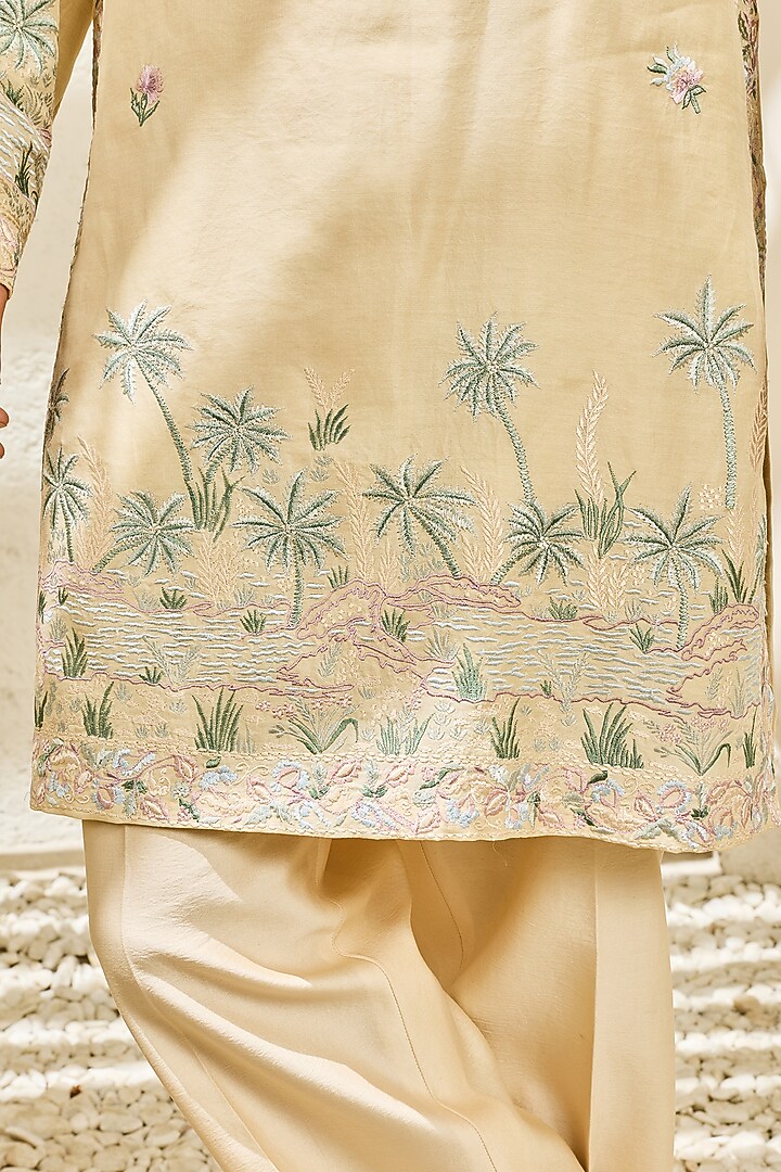Beige Chanderi Silk Embroidered Nehru Jacket Set by Sarab Khanijou at Pernia's Pop Up Shop