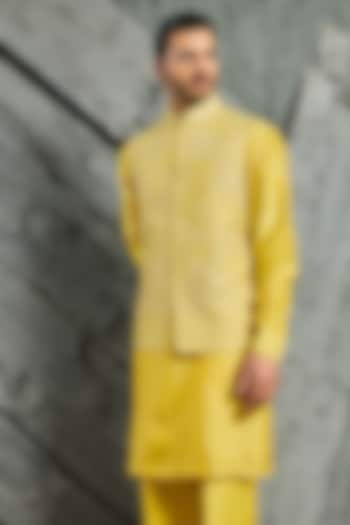 Yellow Chanderi Silk Embroidered Nehru Jacket Set by Sarab Khanijou at Pernia's Pop Up Shop