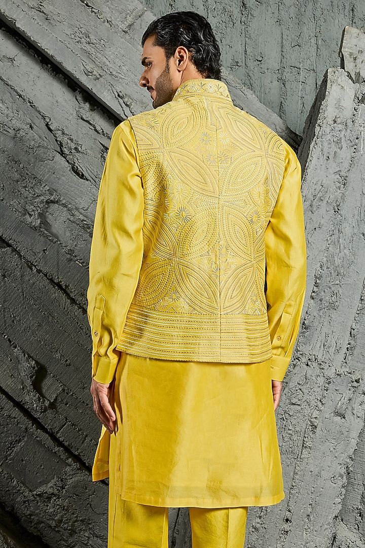 Yellow Chanderi Silk Embroidered Nehru Jacket Set by Sarab Khanijou at Pernia's Pop Up Shop