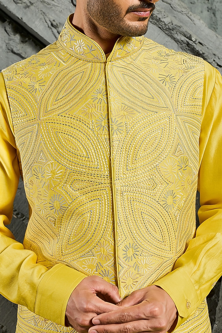 Yellow Chanderi Silk Embroidered Nehru Jacket Set by Sarab Khanijou at Pernia's Pop Up Shop