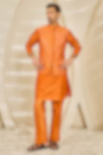 Orange Chanderi Silk Embroidered Nehru Jacket Set by Sarab Khanijou at Pernia's Pop Up Shop
