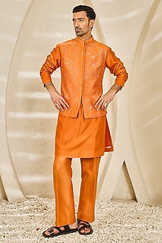 Orange Chanderi Silk Embroidered Nehru Jacket Set by Sarab Khanijou