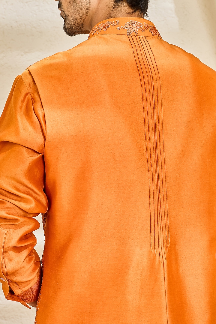 Orange Chanderi Silk Embroidered Nehru Jacket Set by Sarab Khanijou at Pernia's Pop Up Shop