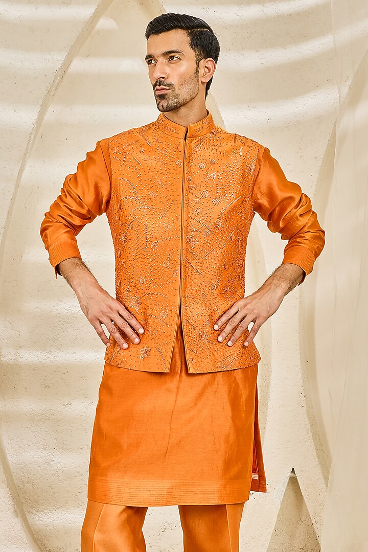 Orange Chanderi Silk Embroidered Nehru Jacket Set by Sarab Khanijou at Pernia's Pop Up Shop