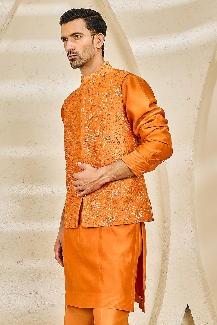 Orange Chanderi Silk Embroidered Nehru Jacket Set by Sarab Khanijou at Pernia's Pop Up Shop