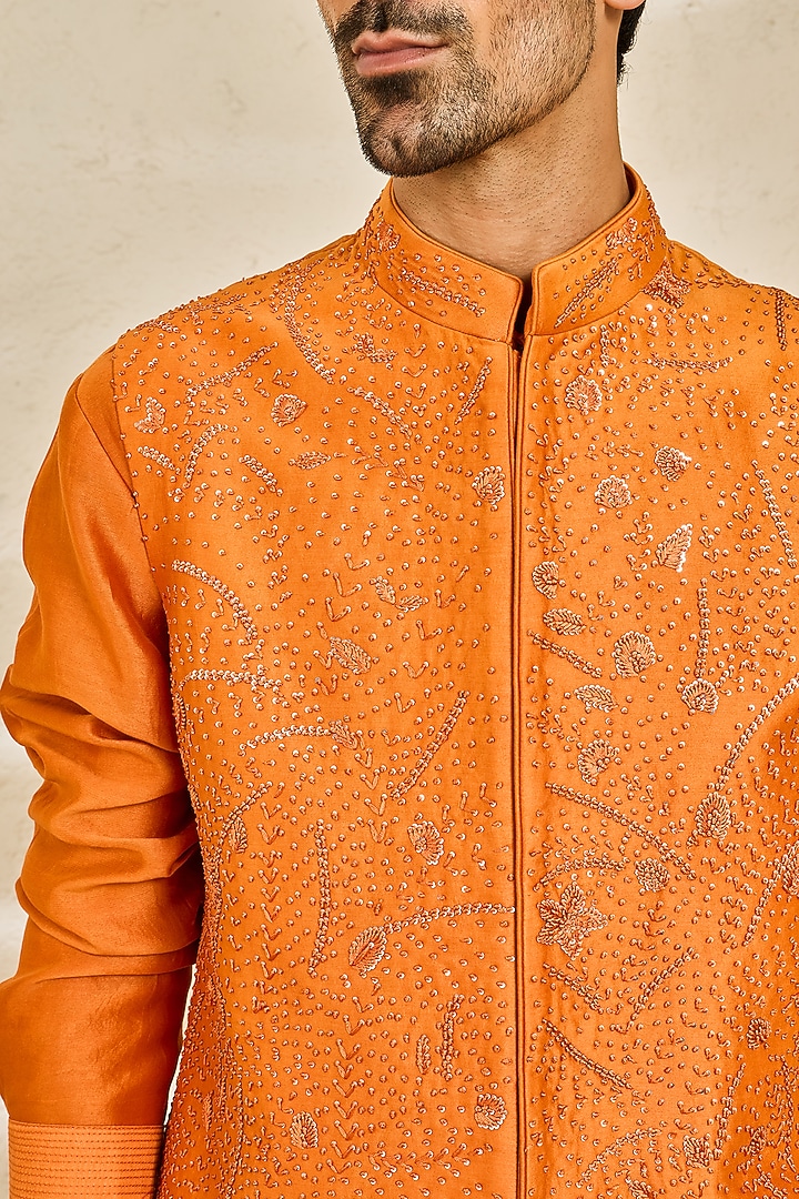 Orange Chanderi Silk Embroidered Nehru Jacket Set by Sarab Khanijou at Pernia's Pop Up Shop