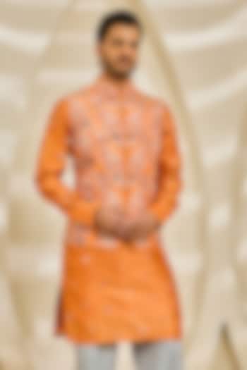 Burnt Orange Chanderi Silk Thread Embroidered Nehru Jacket Set by Sarab Khanijou at Pernia's Pop Up Shop
