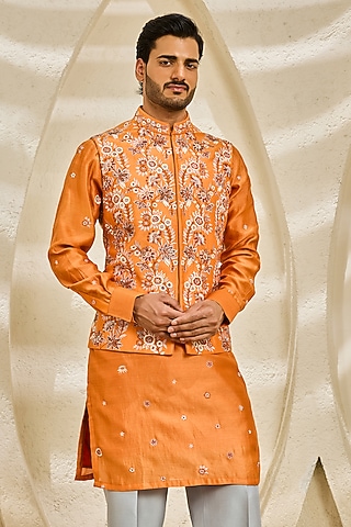 Burnt Orange Chanderi Silk Thread Embroidered Nehru Jacket Set by Sarab Khanijou