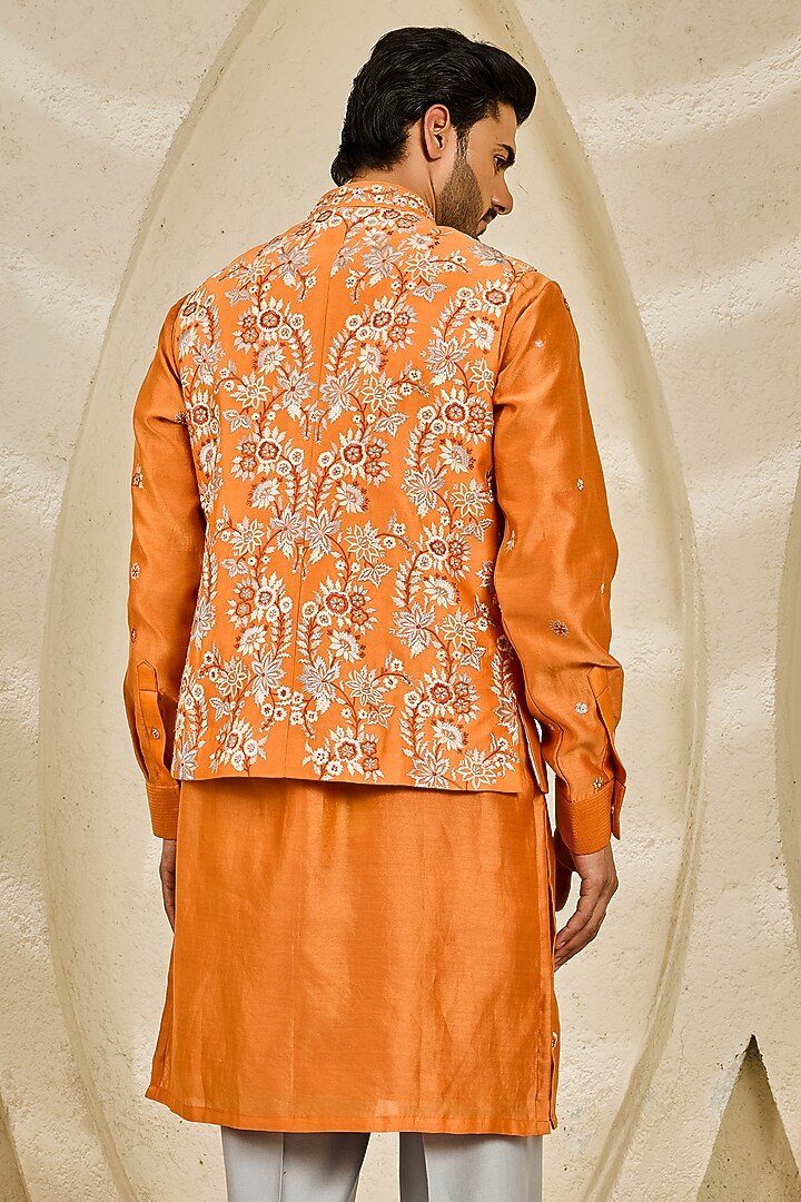 Burnt Orange Chanderi Silk Thread Embroidered Nehru Jacket Set by Sarab Khanijou at Pernia's Pop Up Shop