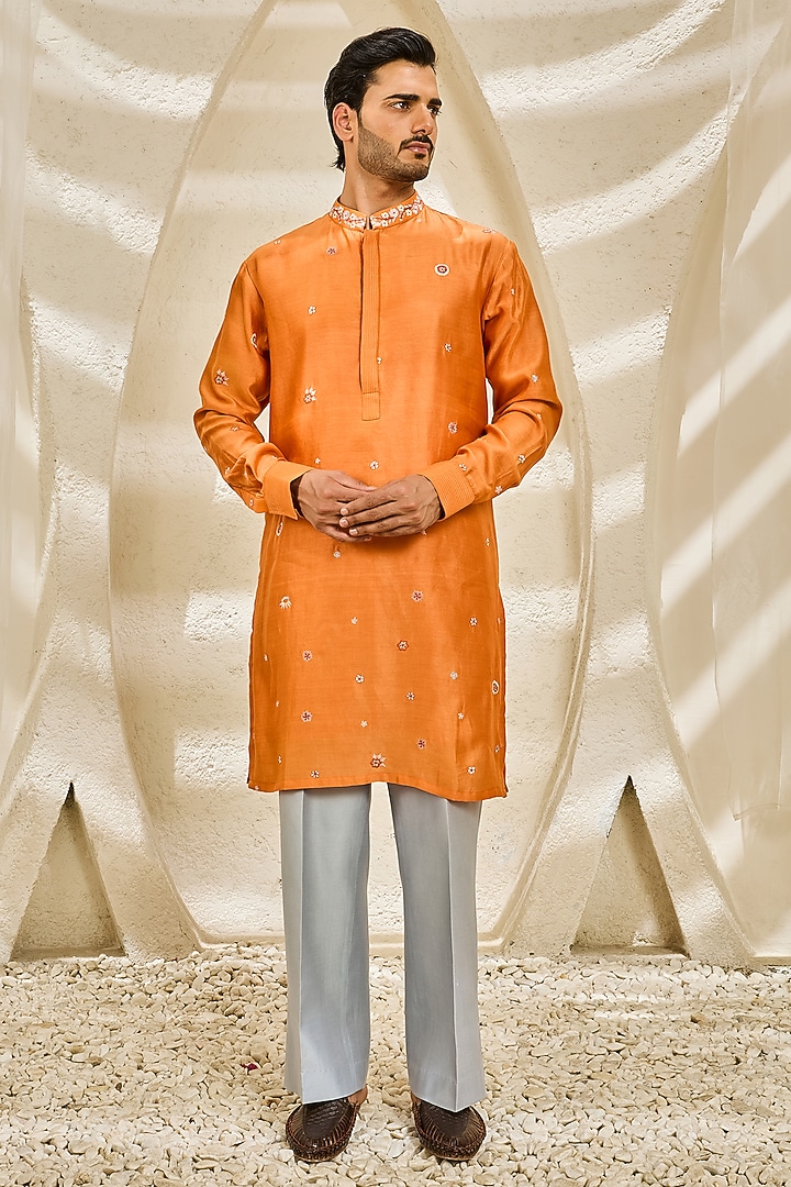 Burnt Orange Chanderi Silk Thread Embroidered Nehru Jacket Set by Sarab Khanijou at Pernia's Pop Up Shop