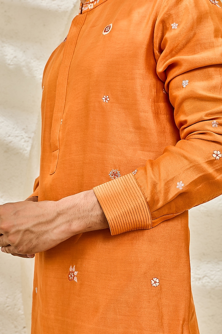 Burnt Orange Chanderi Silk Thread Embroidered Nehru Jacket Set by Sarab Khanijou at Pernia's Pop Up Shop