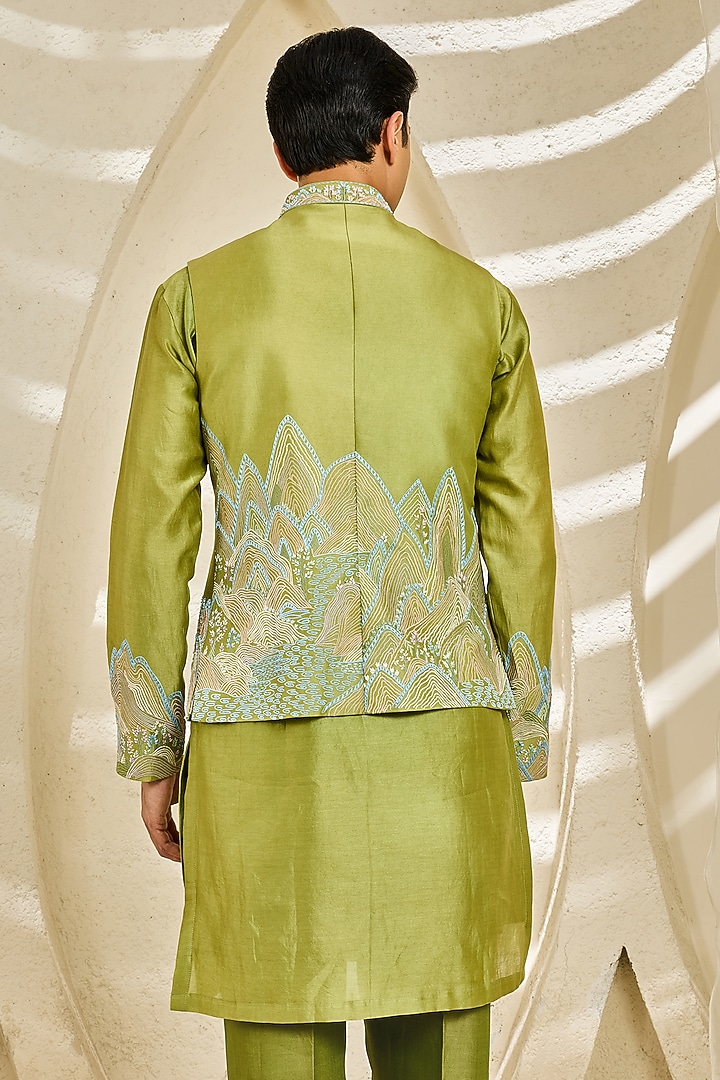Green Chanderi Silk Thread Embroidered Nehru Jacket Set by Sarab Khanijou at Pernia's Pop Up Shop